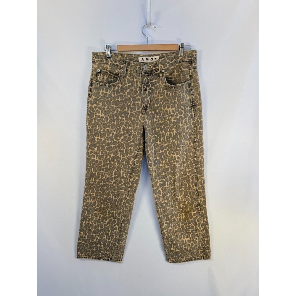 AMO Billie Leopard Print Cropped Straight Jeans Women's Size 28 Organic Cotton